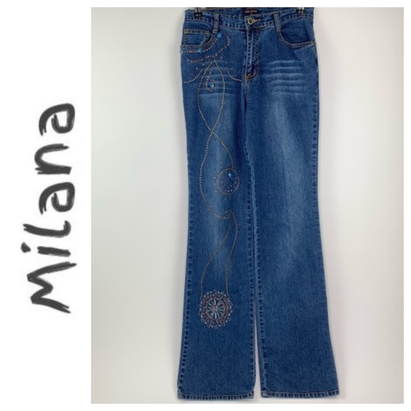 Milana Embellished Stretchy Bootcut Blue Jeans - Picture 1 of 6